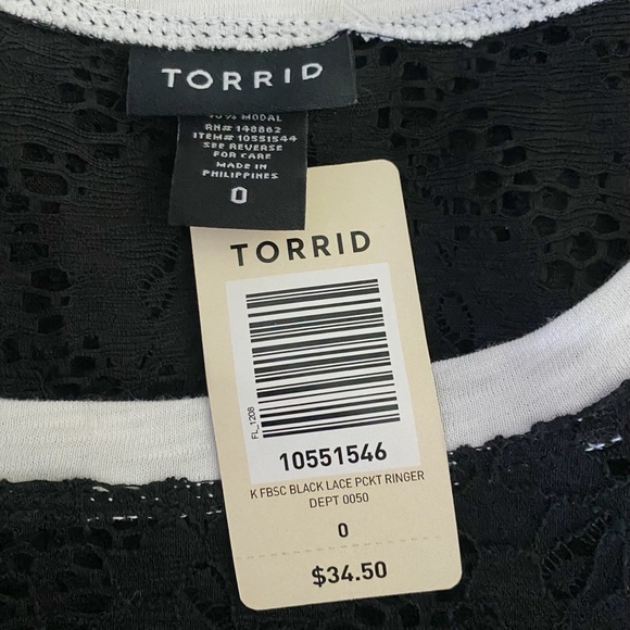 TORRID Lace Ringer Crew Neck T-Shirt Women’s Size L -12 (Torrid 0) Black - Picture 8 of 10